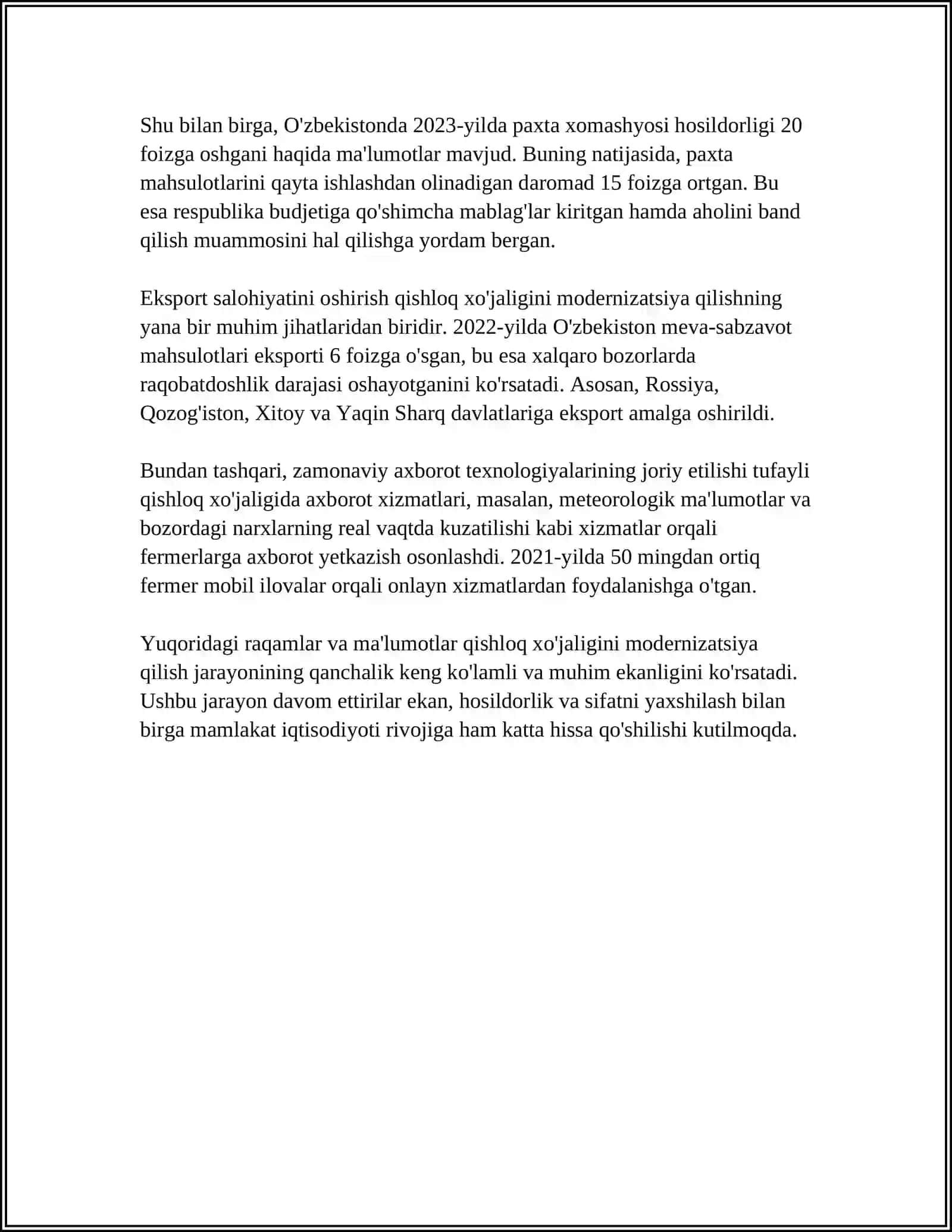 MUSTAQILLIK YILLARIDA QISHLOQ XO'JALIGI VA SANOAT SOHASIDA ISLOHATLAR 4