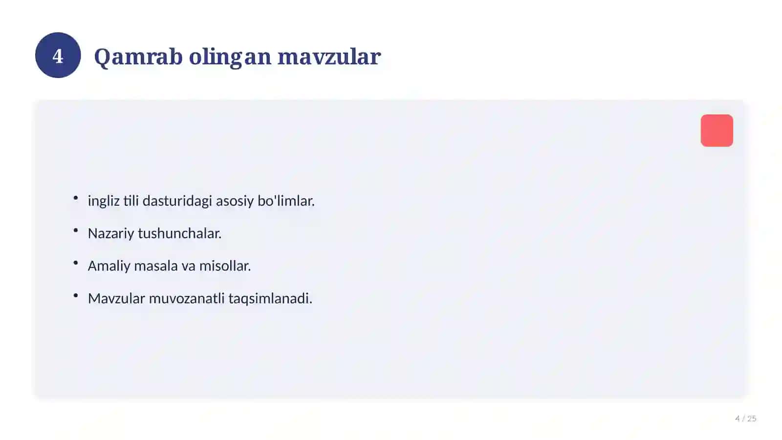 Ingliz tili fanidan 5-sinf test savollari to'plami 4