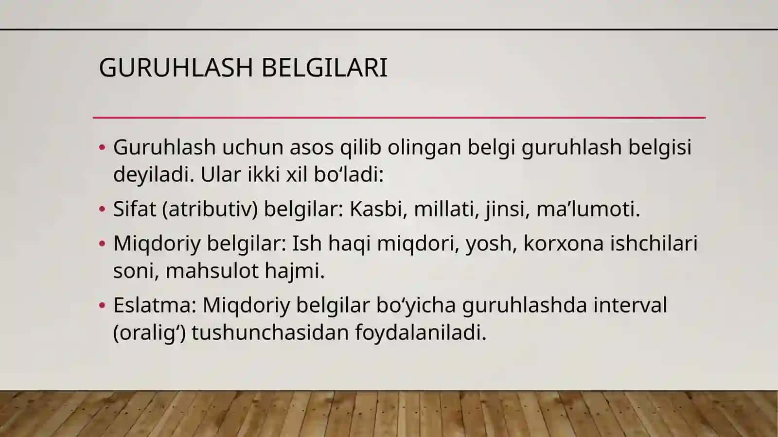 Statistik ma’lumotlarni jamlash (svodkalash), guruhlash va jadvallarda ifodalash 4