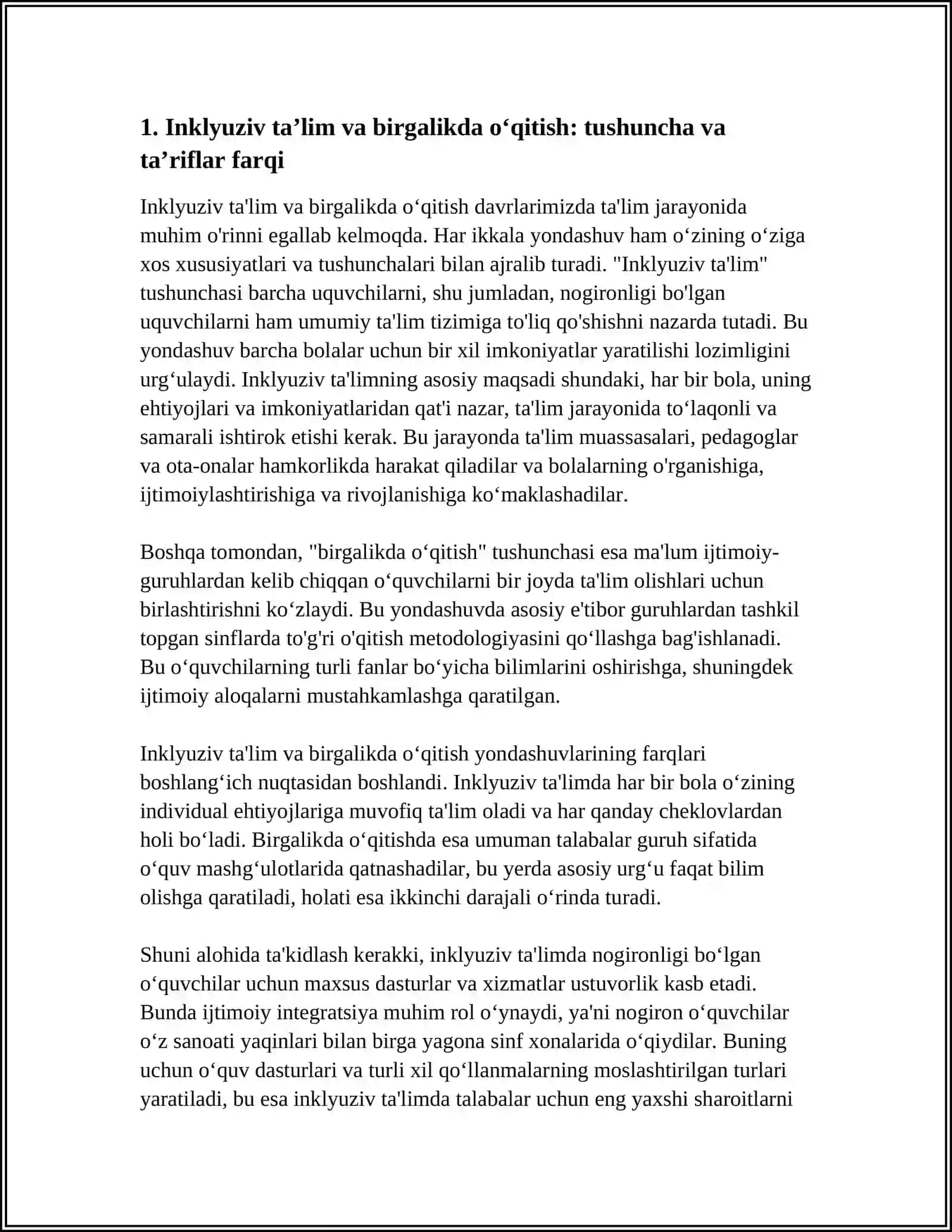 INKLYUZIV VA BIRGALIKDA O'QITISH: ULARNING ASOSIY FARQLARINI ASOSLASH 4