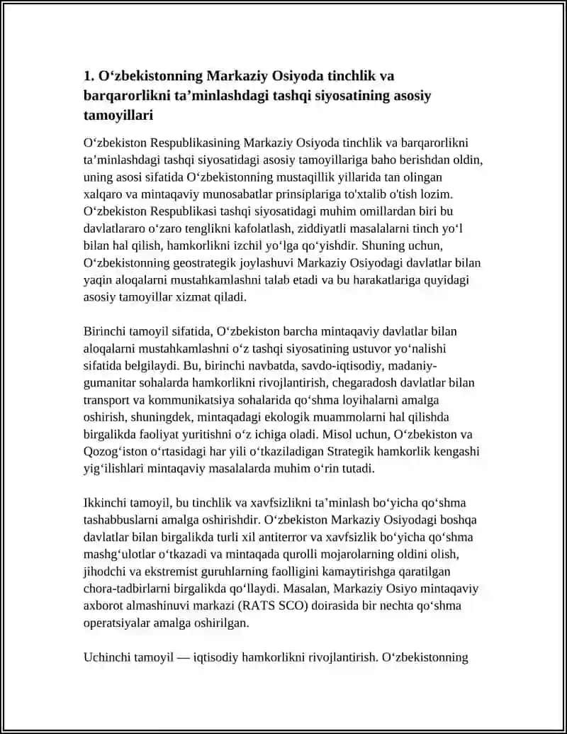 OʻZBEKISTONNING MARKAZIY OSIYODA TINCHLIK VA BARQARORLIKNI TAʼMINLASHDAGI OʻRNI 4