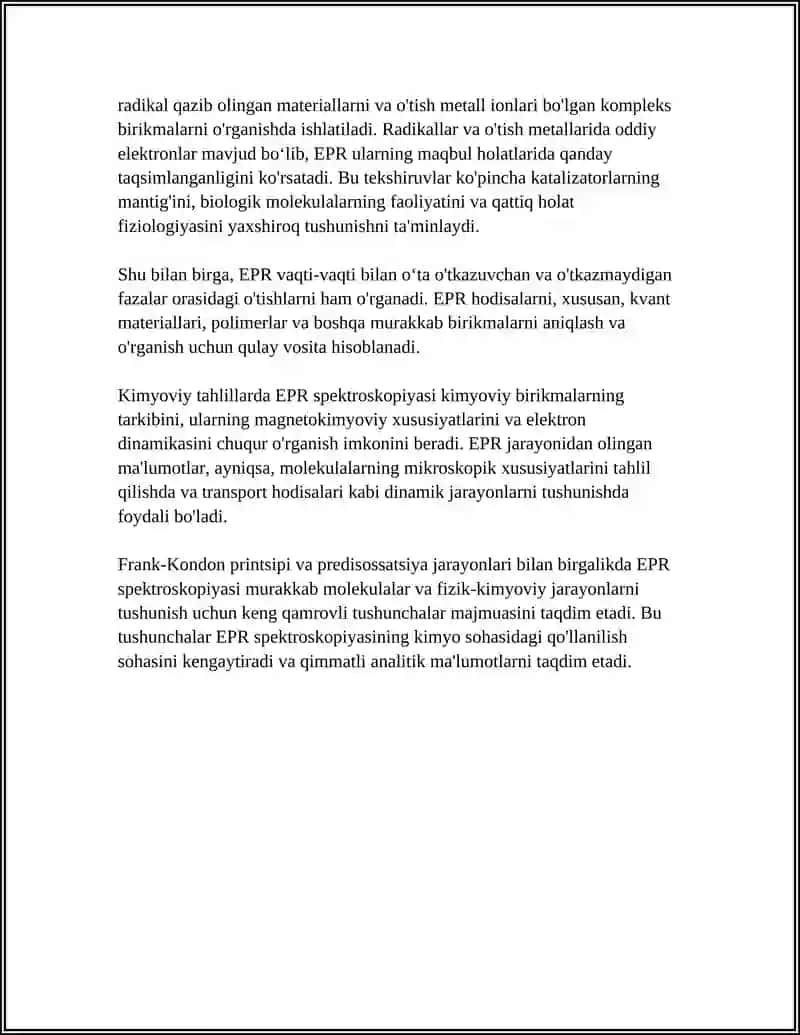 EPR-SPEKTROSKOPIYANING KIMYODA QO'LLANILISHI. FRANK-KONDON PRINSIPI. PREDISSOTSIATSIYA 4