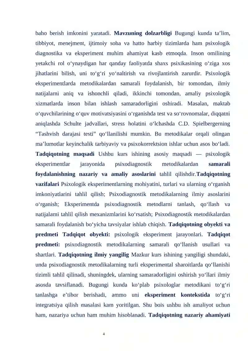 "PSIXALOGIK EKSPREMENTLARDA PSIXADIAGNOSTIK METODIKALARDAN SAMARALI FOYDALANISH" 4