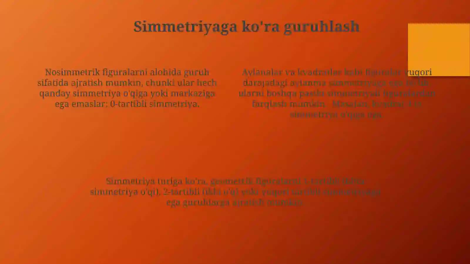 Geometrik figuralarni turli belgilar boʻyicha guruhlarga ajratish 4