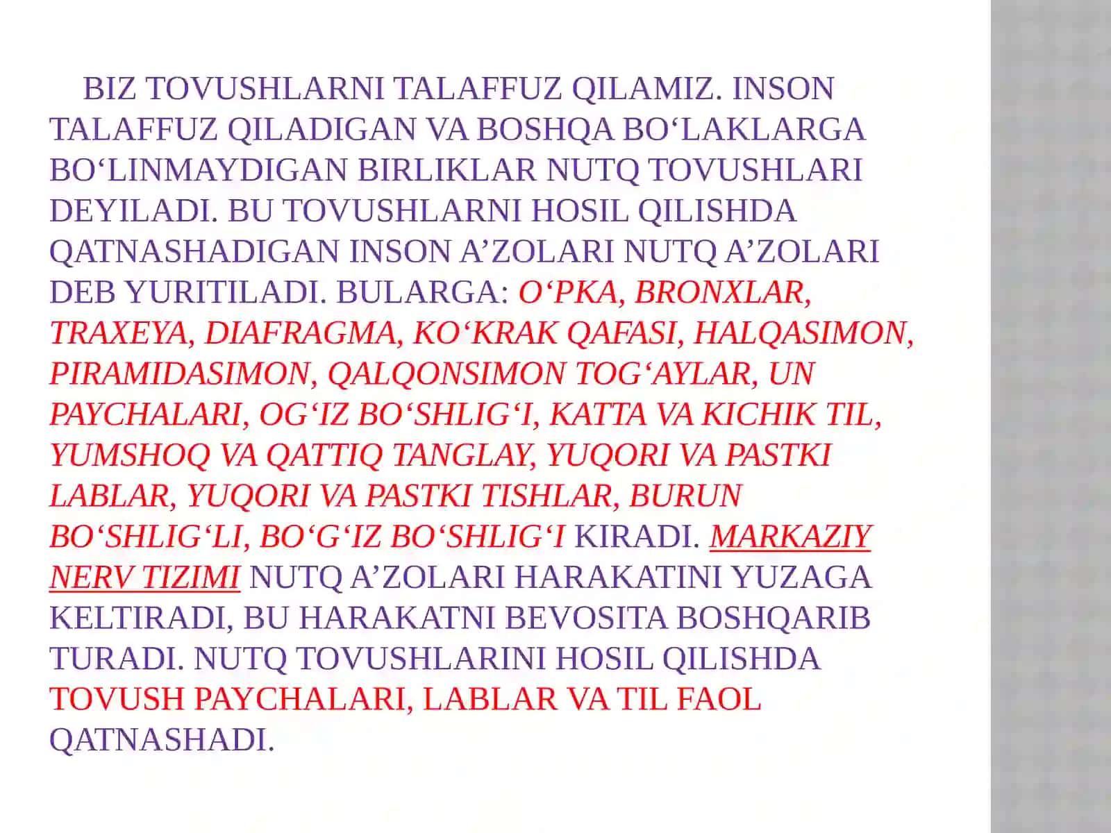 FONETIKA. TOVUSH VA FONEMA. UNLI VA UNDOSH TOVUSHLAR, ULARNING HOSIL BO‘LISHI, TASNIFI 4