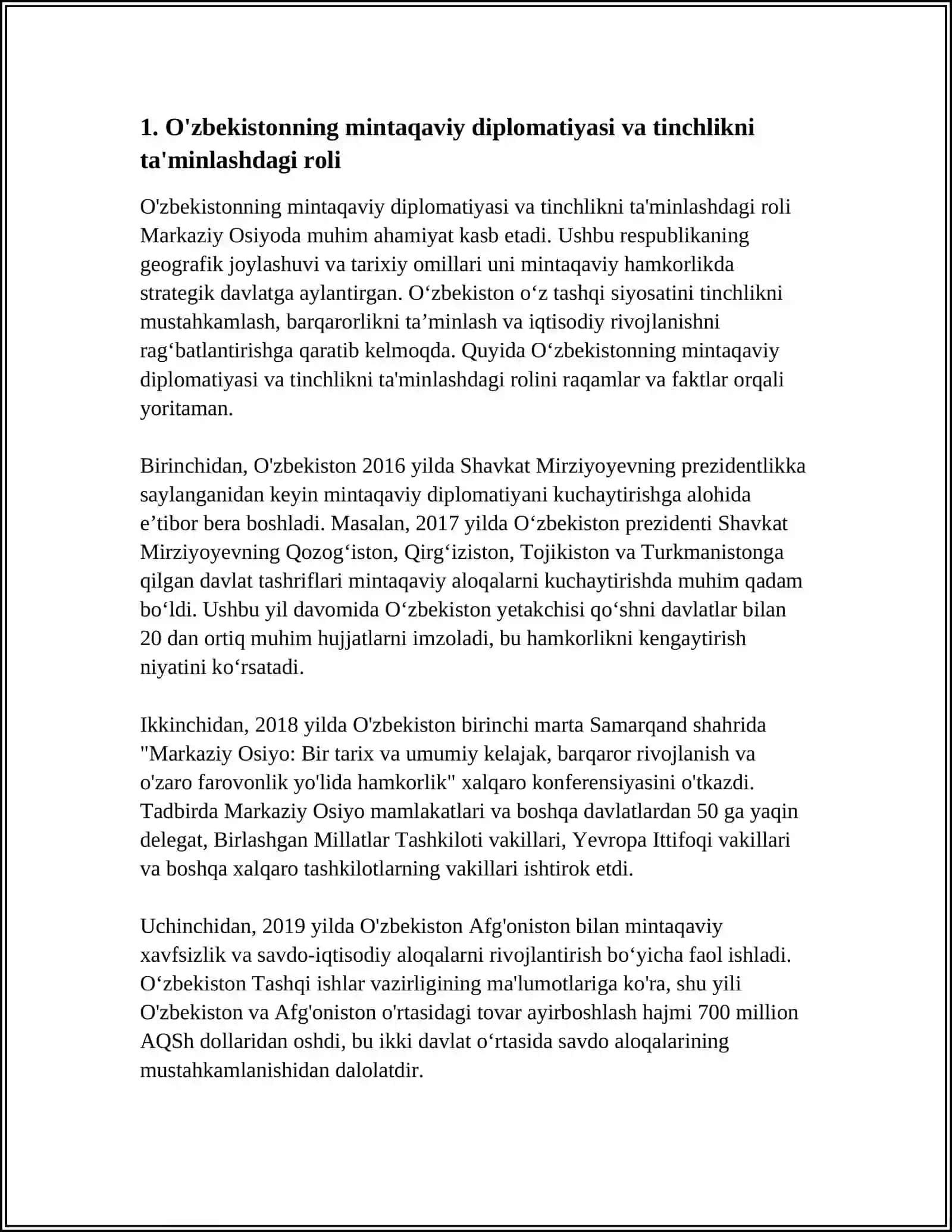 O'zbekistonning markaziy Osiyoda tinchlik va barqarorlikni ta'minlashdagi o'rni 4