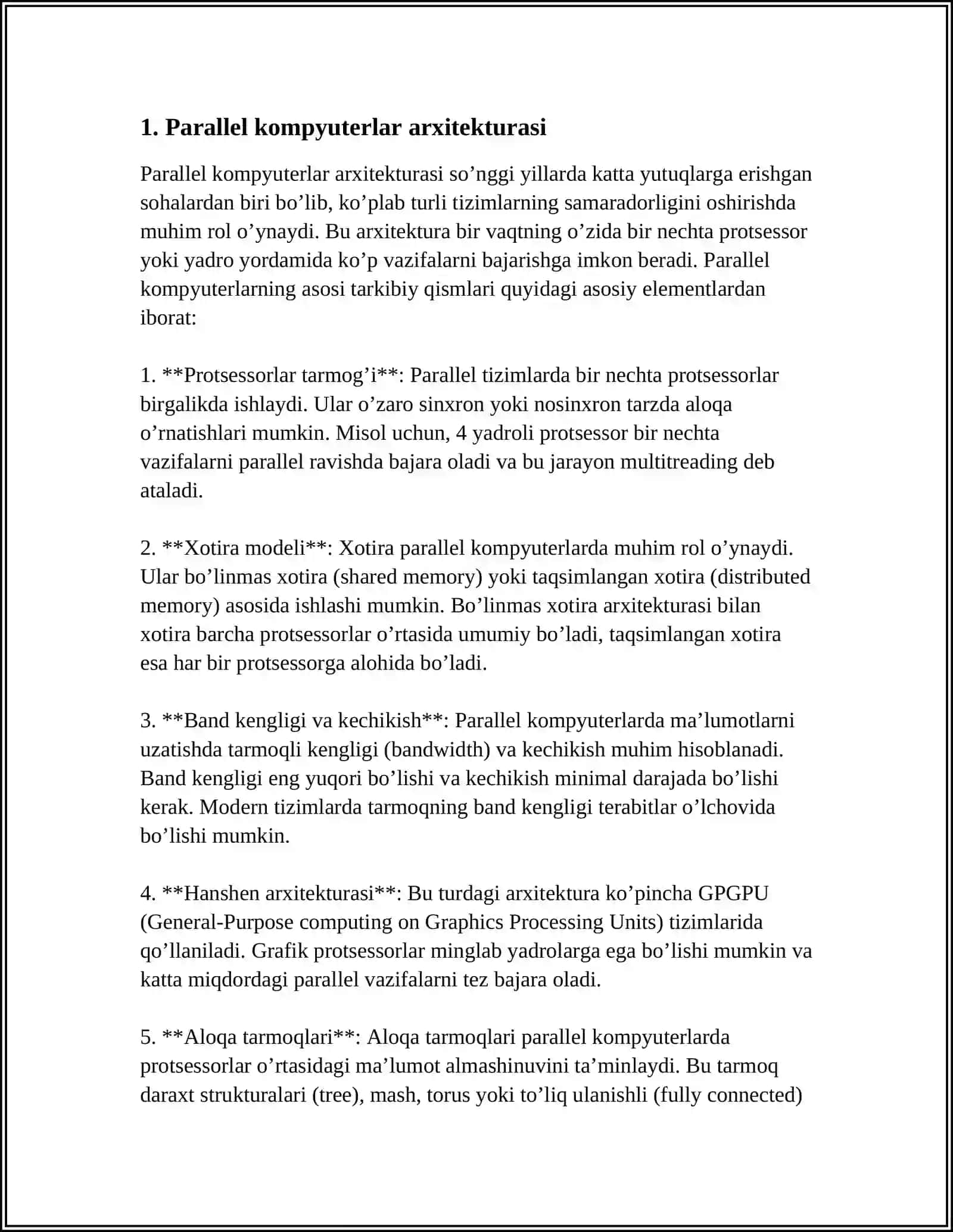 PARALLEL KOMPYUTERLAR: UMUMIY VA AJRATILGAN XOTIRALI MULTIPROTSESSORLAR VA MULTIKOMPYUTERLAR 4