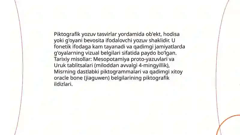 Til va yozuv, ularning paydo boʻlishi haqidagi farazlar va ularning ( piktografik, piktogramma, ideografik- logografik, iyeroglifik, fonografik, sillabik yozuv, stenografiya, transkripsiya) shakllari 4