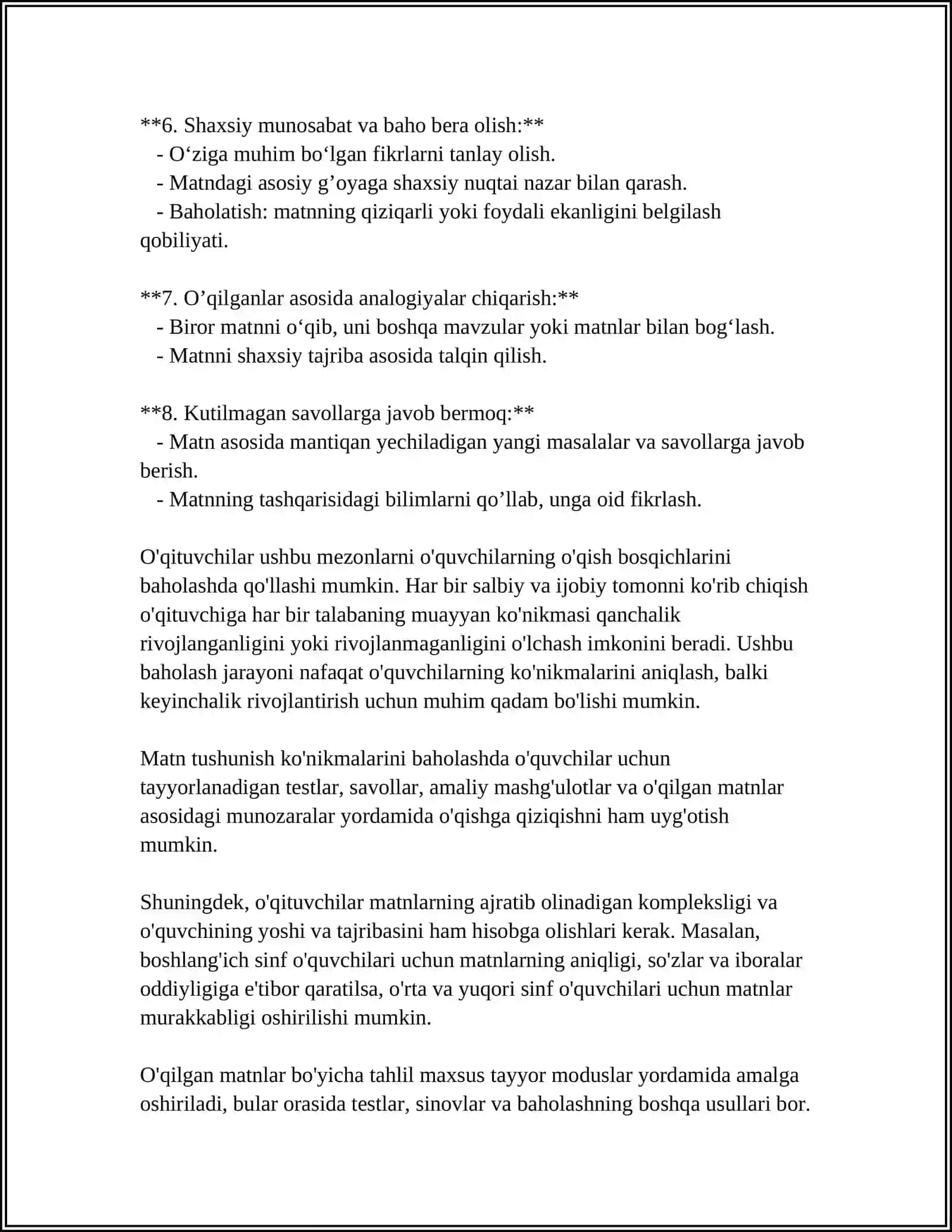 ONA TILI O'QITISH METODIKASI FANIDAN MUSTAQIL ISHI. MUSTAQIL ISH Mavzu: "TIL KO'NIKMALARINI BAHOLASH MEZONLARI"MAVZUSIDA "TIL VA ADABIYOT TA'LIMI"JURNALIGA MAQOLA TAYYORLASH 4