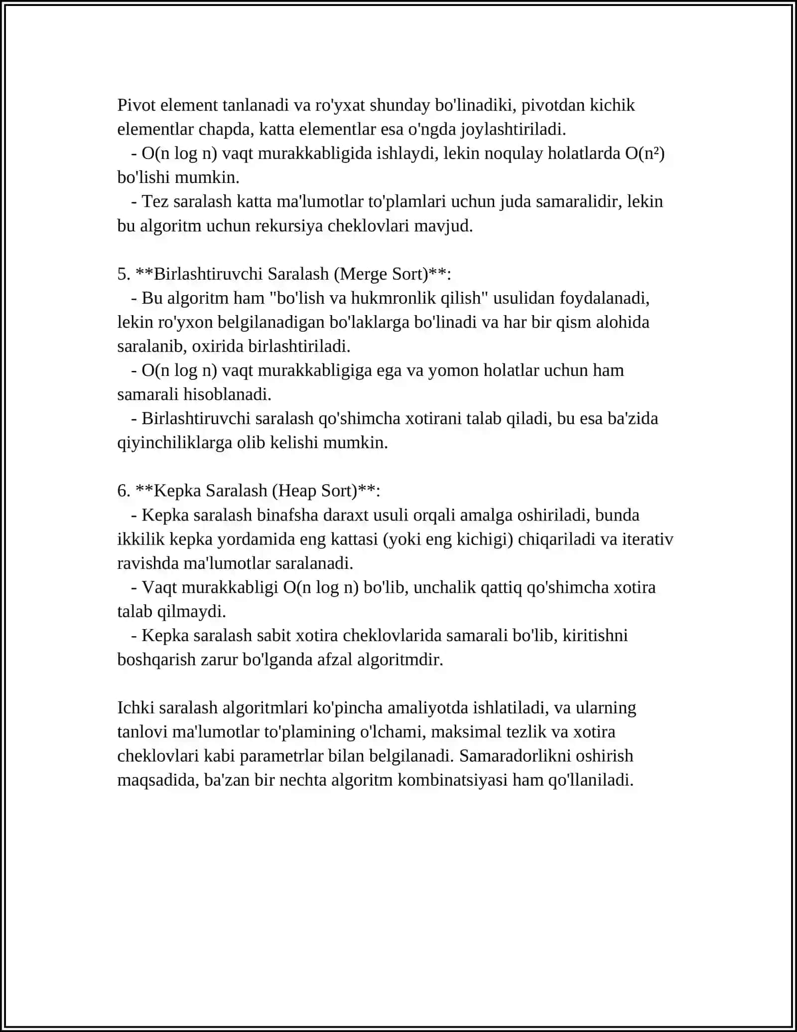 ICHKI VA TASHQI SARALASH (TARTIBLASH) ALGORITMLARI HAMDA ULARNING MURAKKABLIGI 4