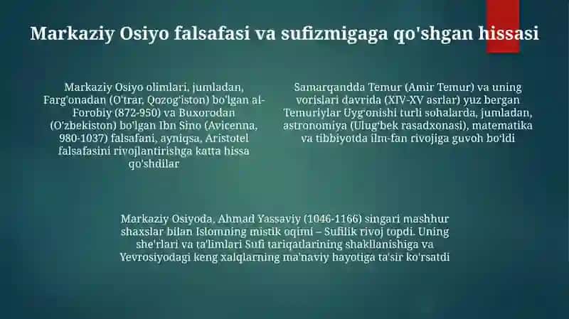 Markaziy osyo allomalarini dunyo sivilizatsiyasiga qoshgan hisalari 4
