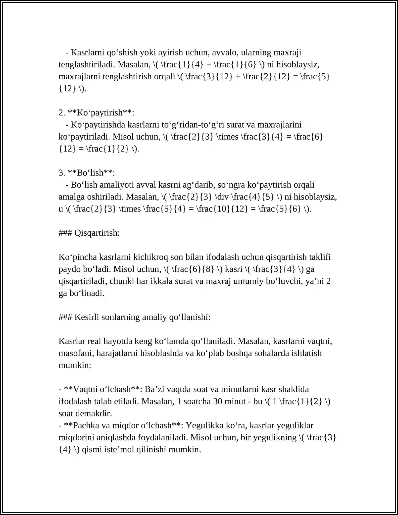 O'QUVCHILARNING KASR TUSHUNCHASINI MUSTAHKAMLASH UCHUN SAVOL-JAVOBLAR VA UY VAZIFALARI ORQALI MASHQLAR TASHKIL ETISH 4