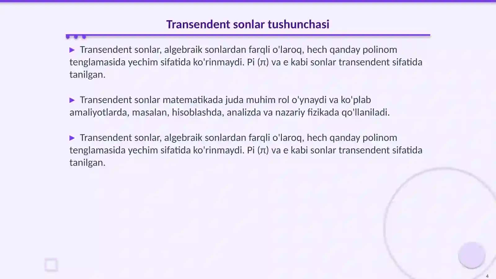 Algebraik va transendent sonlar 4