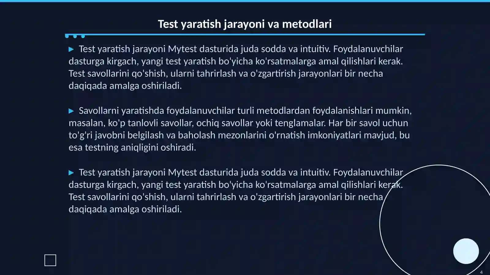 Mytest dasturi yordamida test yaratish va uni sozlash; test jarayonini o'tqazish, tarmoqda sozlash, natijalarni olish va taxrirlash 4