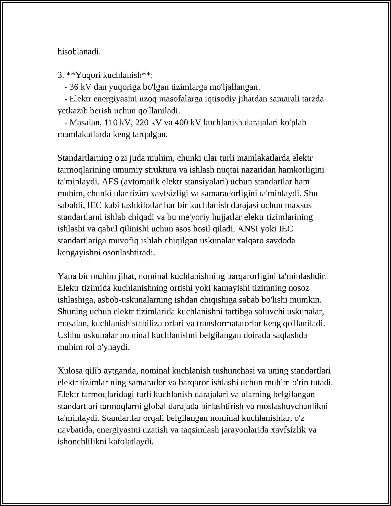 ELEKTR SISTEMASI ELEMENTLARINING NOMINAL KUCHLANISHI 4