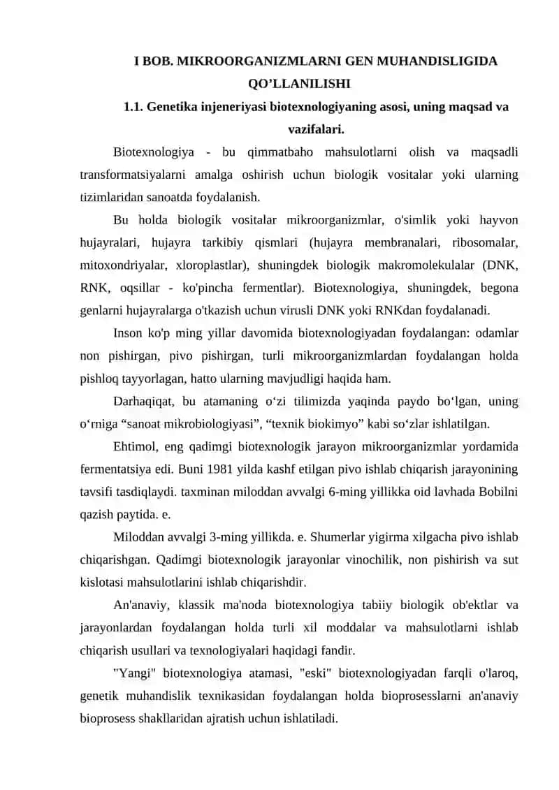 MIKROORGANIZMLARNI GEN MUHANDISLIGIDA QOLLANILISHI VA YUTUQLARI. Kurs ishi 4