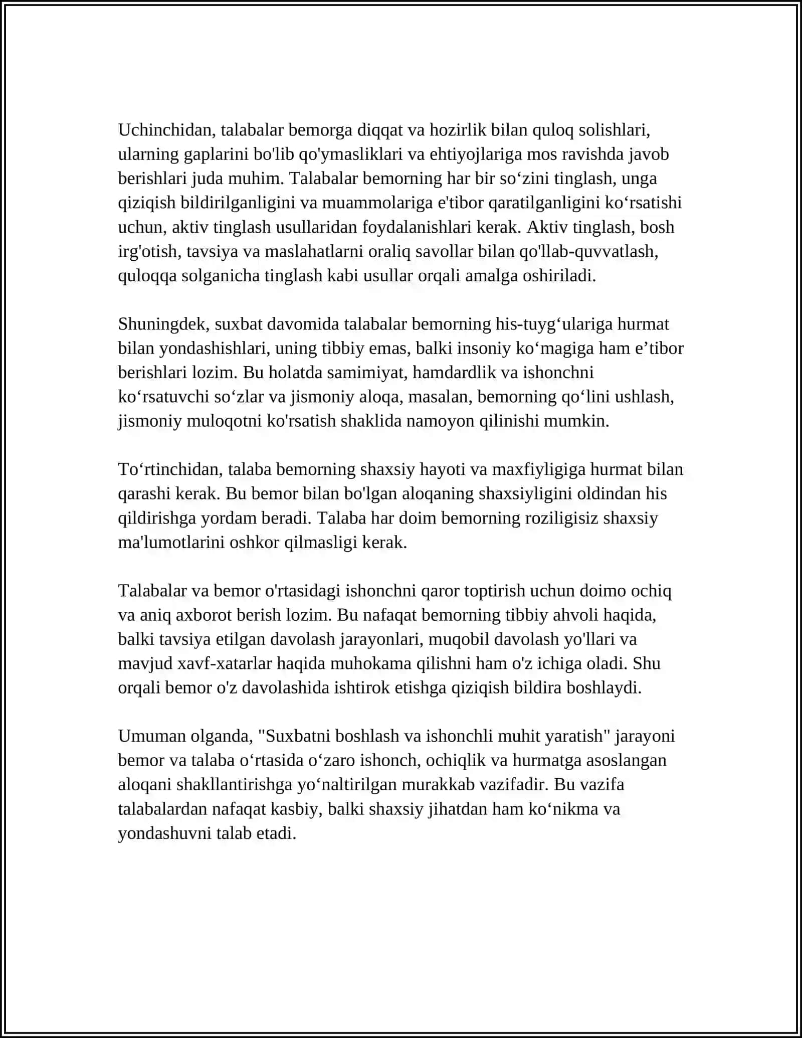 TALABALARNI BEMOR BILAN SUXBAT QILISH SANATI 4