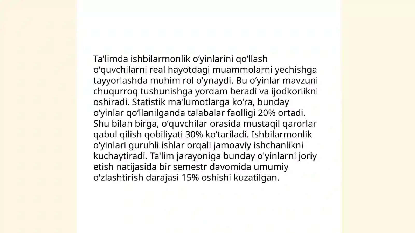 Tarbiya fanini oʻqitishda " Ishbilarmon oʻyin"texnologiyasi asosida dars olib borish 4