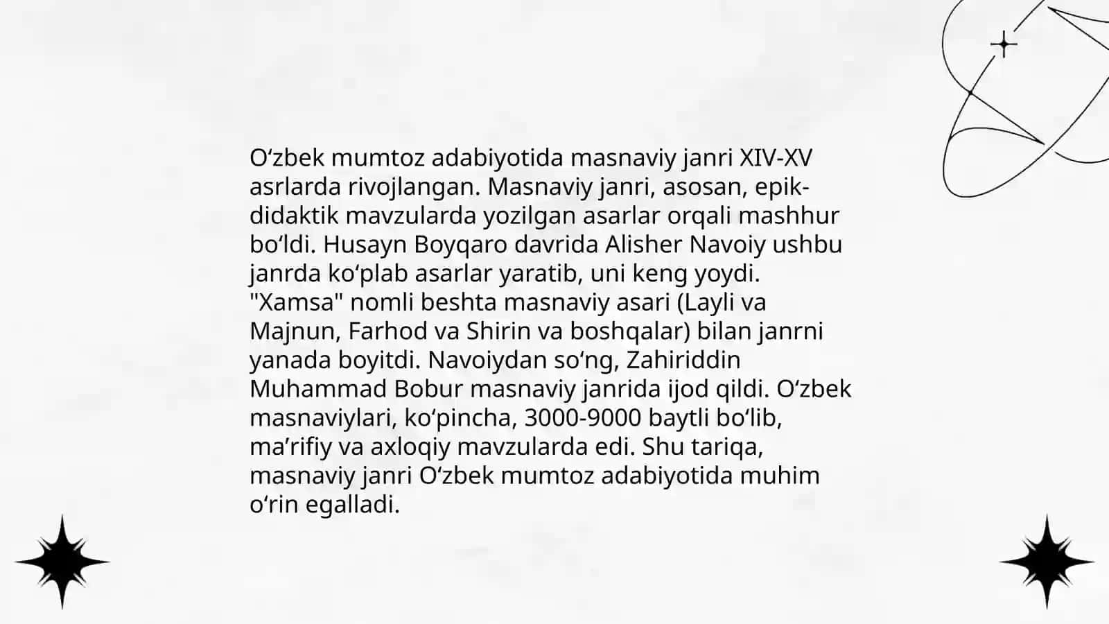 Oʻzbek mumtoz adabiyotida masnaviy janrining tutgan oʻrni 4