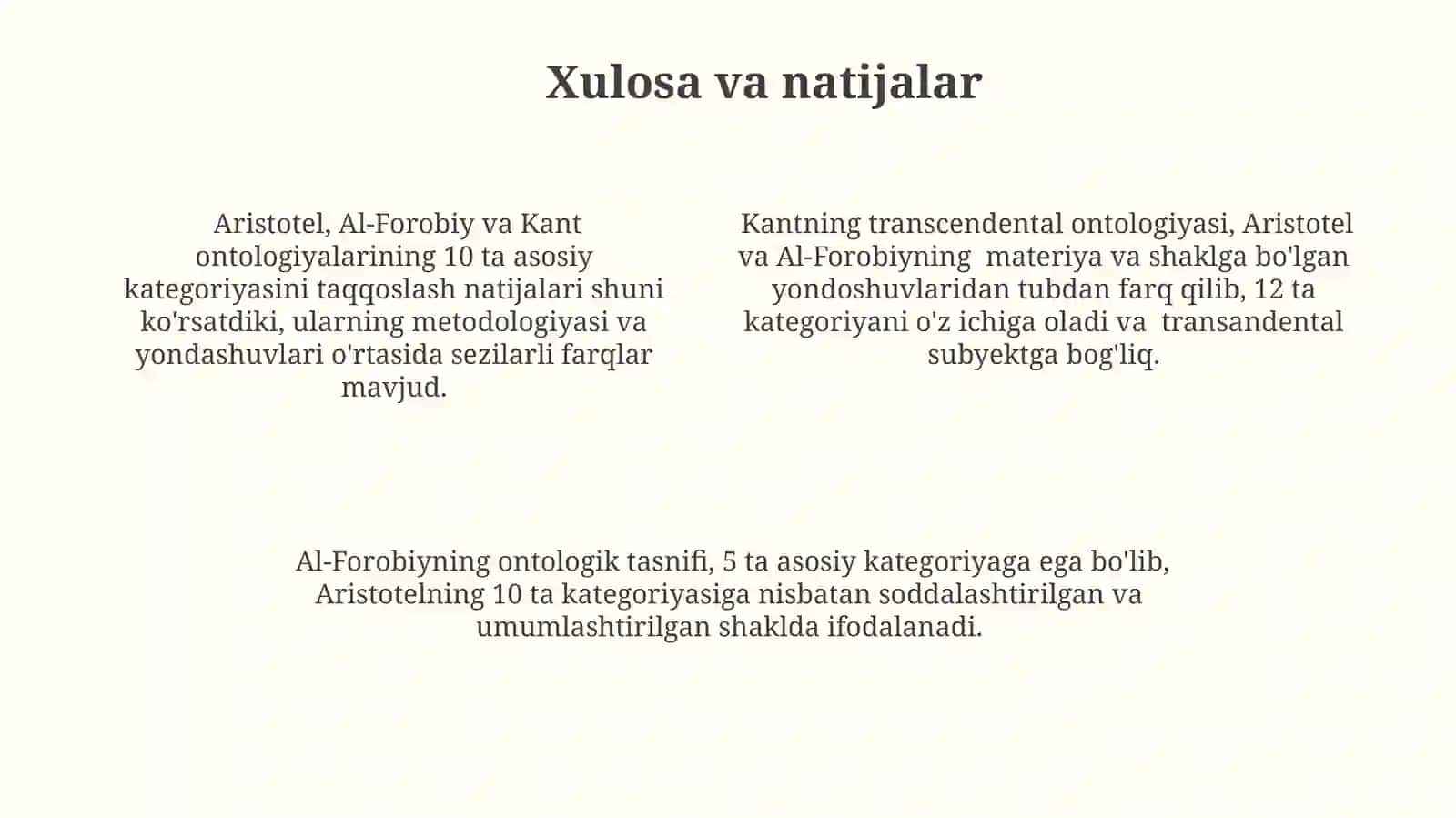 Aristotel, Farobiy va Kant ontologiyasi kategoriyalarining tasnifi 4