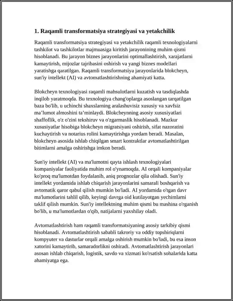 RAQAMLI TRANSFORMATSIYA JARAYONLARI.BLOKCHEYN,AI VA AVTOMATLASHTIRISH.ESG HISOBOTLARI VA BARQARORLIK 4