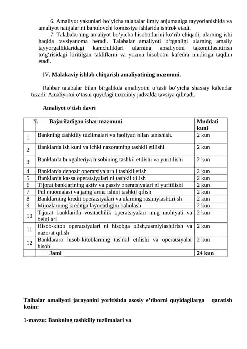 Bank ishi va audit ta'lim yo‘nalishi malakaviy amaliyoti dasturi 4