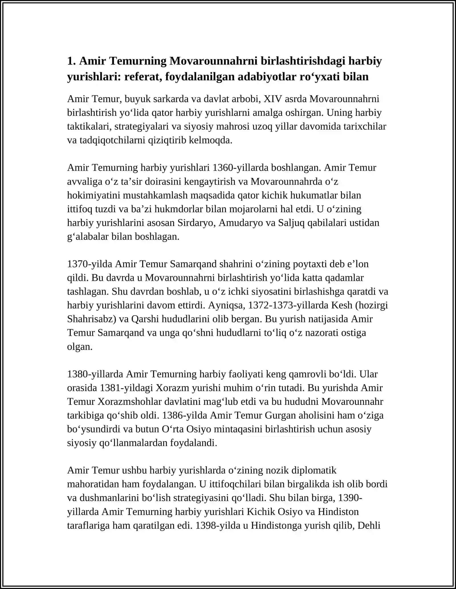 Amir Temurning Movarounnahrni birlashtirishdagi harbiy yurishlari: referat, foydalanilgan adabiyotlar roʻyxati bilan 4