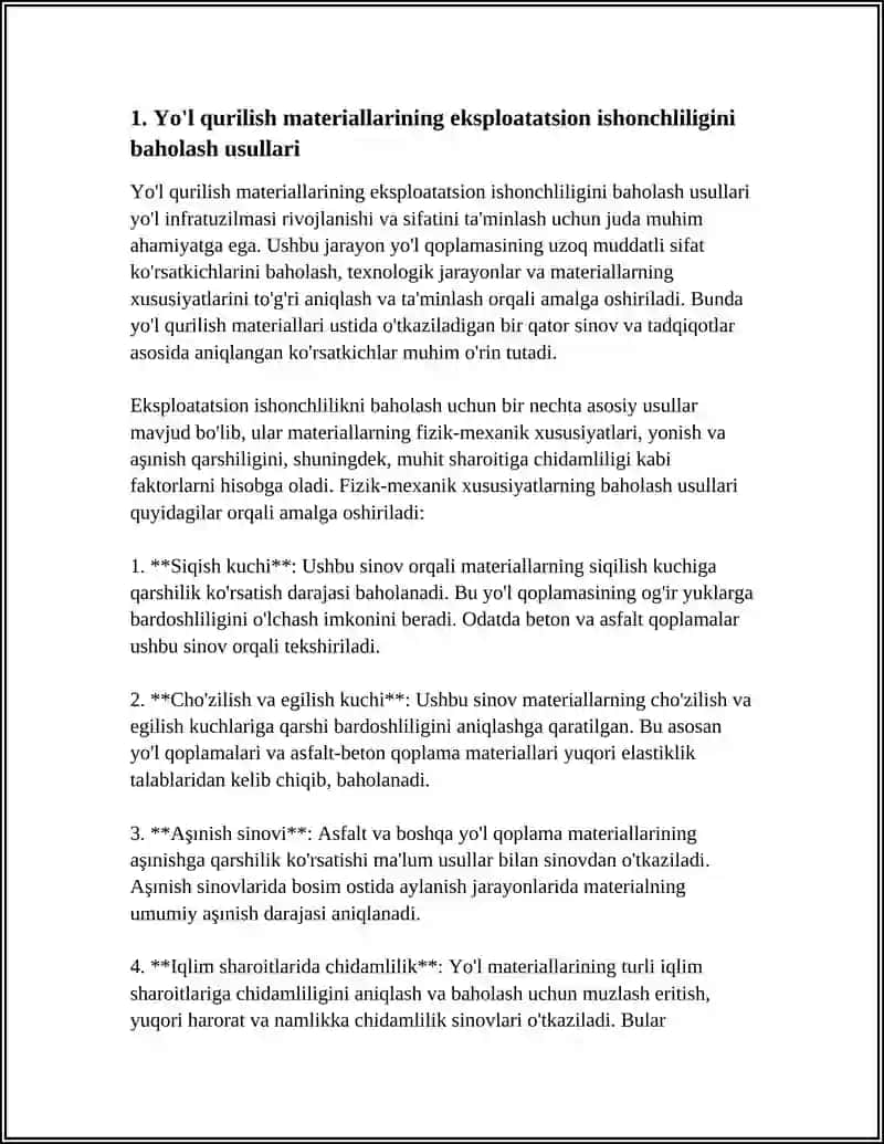 YO'L QURILISH MATERIALLARI VA MAHSULOTLARNING EKSPLUATATSION ISHONCHLILIGINI BAHOLASH 4