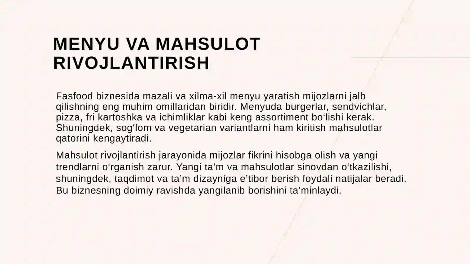 FASFOOD BIZNESINI YOʻLGA QOʻYISH 4