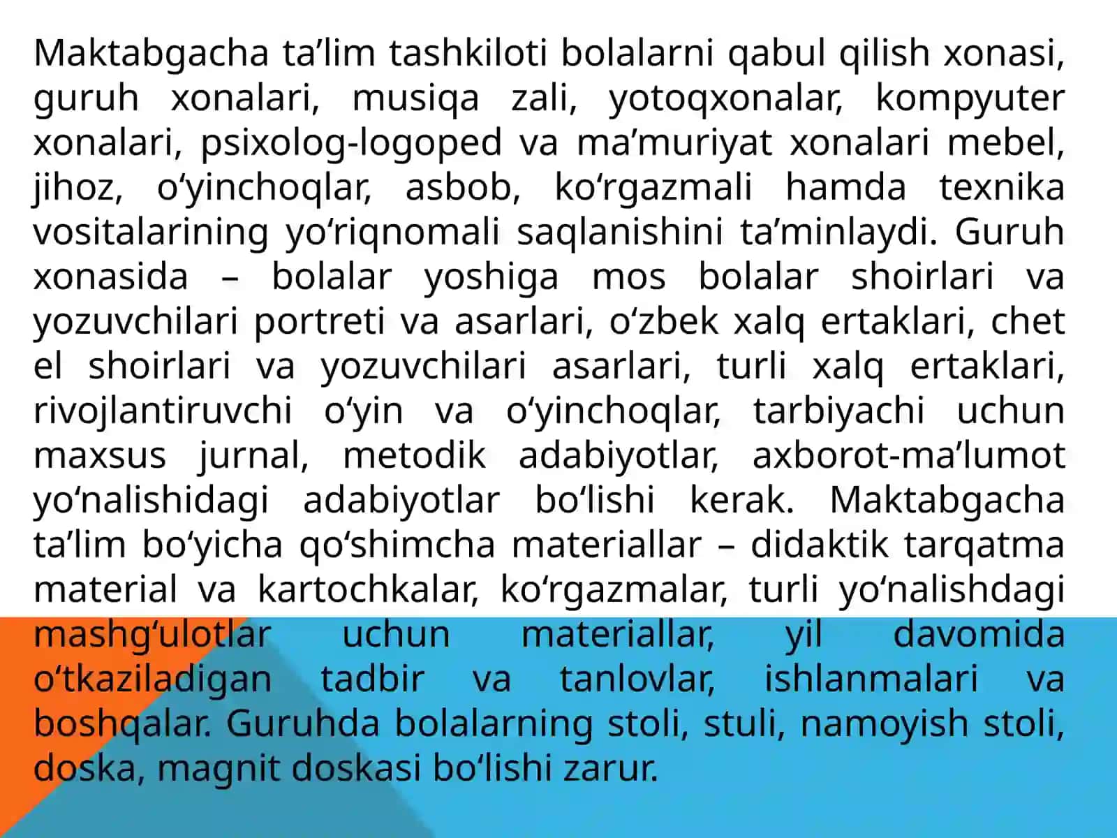 Guruhlarda rivojlanish markazlarining taxminiy joylashuvi va rivojlantiruvchi muhit uchun materiallar ro‘yxati 4