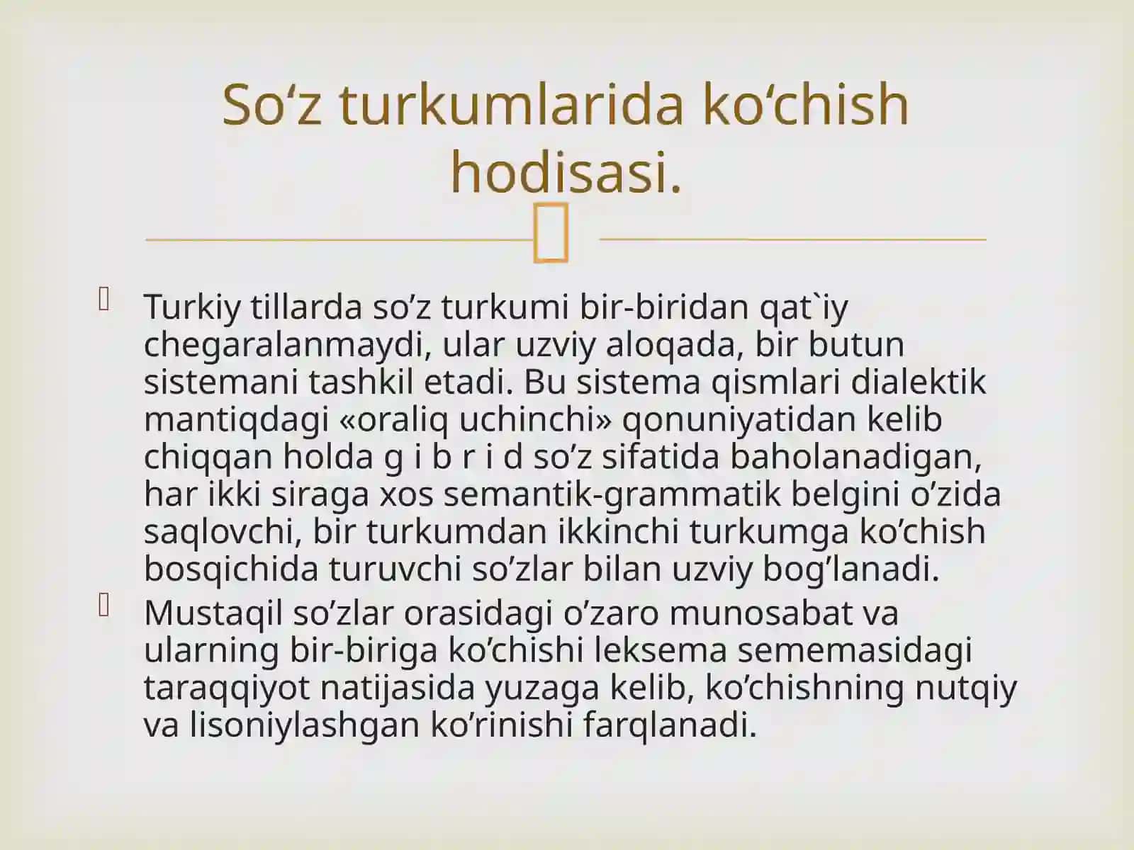 So‘z turkumlarida so‘z yasalishi. Morfemika.So‘zning morfem tarkibiga doir nazariy qarashlar tahlili. So‘z turkumlarida ko‘chish hodisasiga doir qarashlar. 4