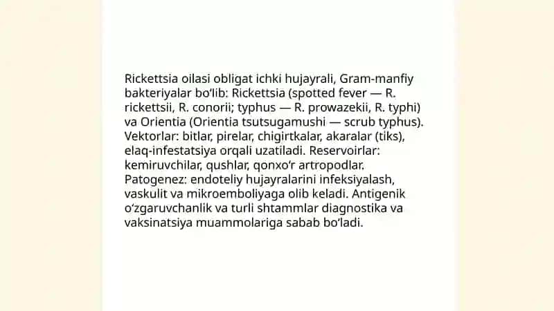 Rikketsiozlar. Etiologiya, epidemiologiya, klinikasi, diagnostika, davolash 4