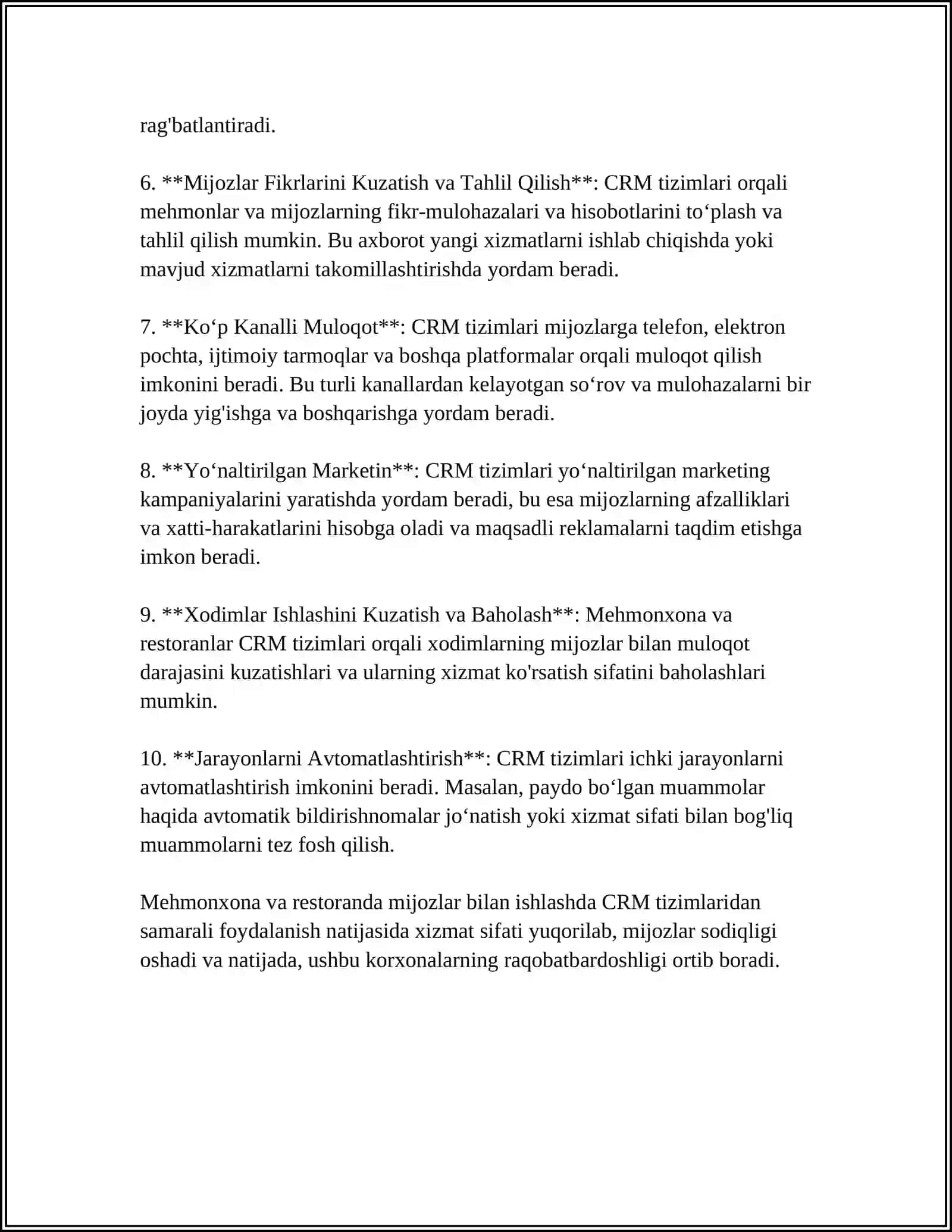 MEHMONXONA VA RESTORANDA MIJOZLAR BILAN ISHLASH(CRM) VA SODIQLIK DASTURLARI 4