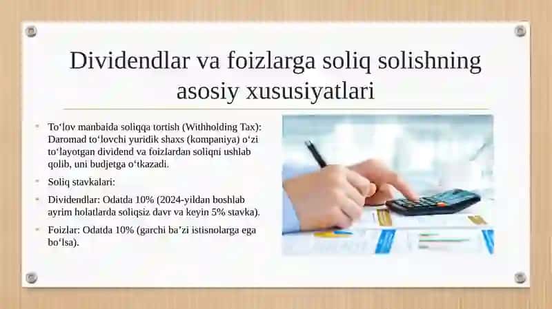 Oʻzbekiston Respublikasining soliq rezidentlariga toʻlanadigan dividendlar va foizlar tarzidagi daromadlarga soliq solishning oʻziga xos xususiyatlari 4