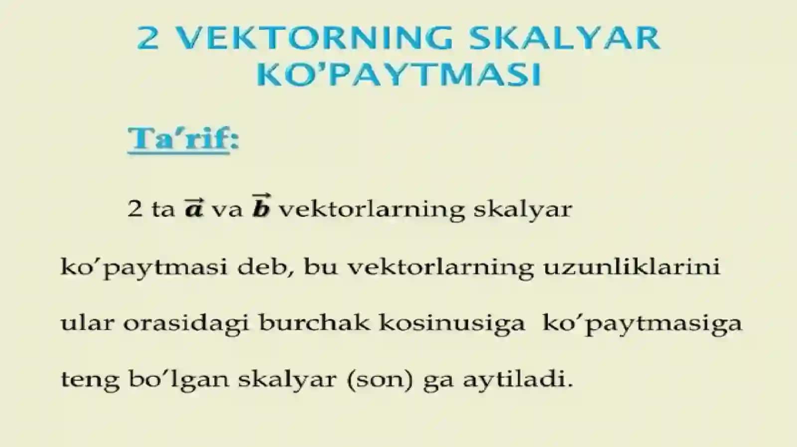 Ikki vektor orasidagi burchak va ularning skalyar koʻpaytmasi 4