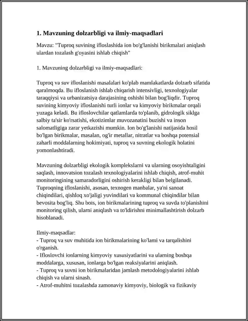TUPROQ SUVNING IFLOSLASHIDA ION BO'G'LANISHI BIRIKMALARI ANIQLASH ULARDAN TOZALASH G'OYASINI ISHLAB CHIQISH 4