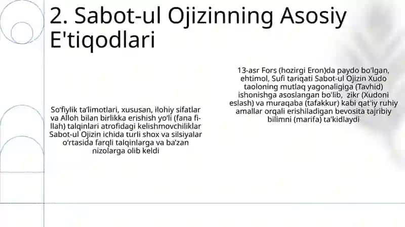 Sabot-ul Ojizin asarida e'tiqod masalalari, tariqatlar silsilasi 4