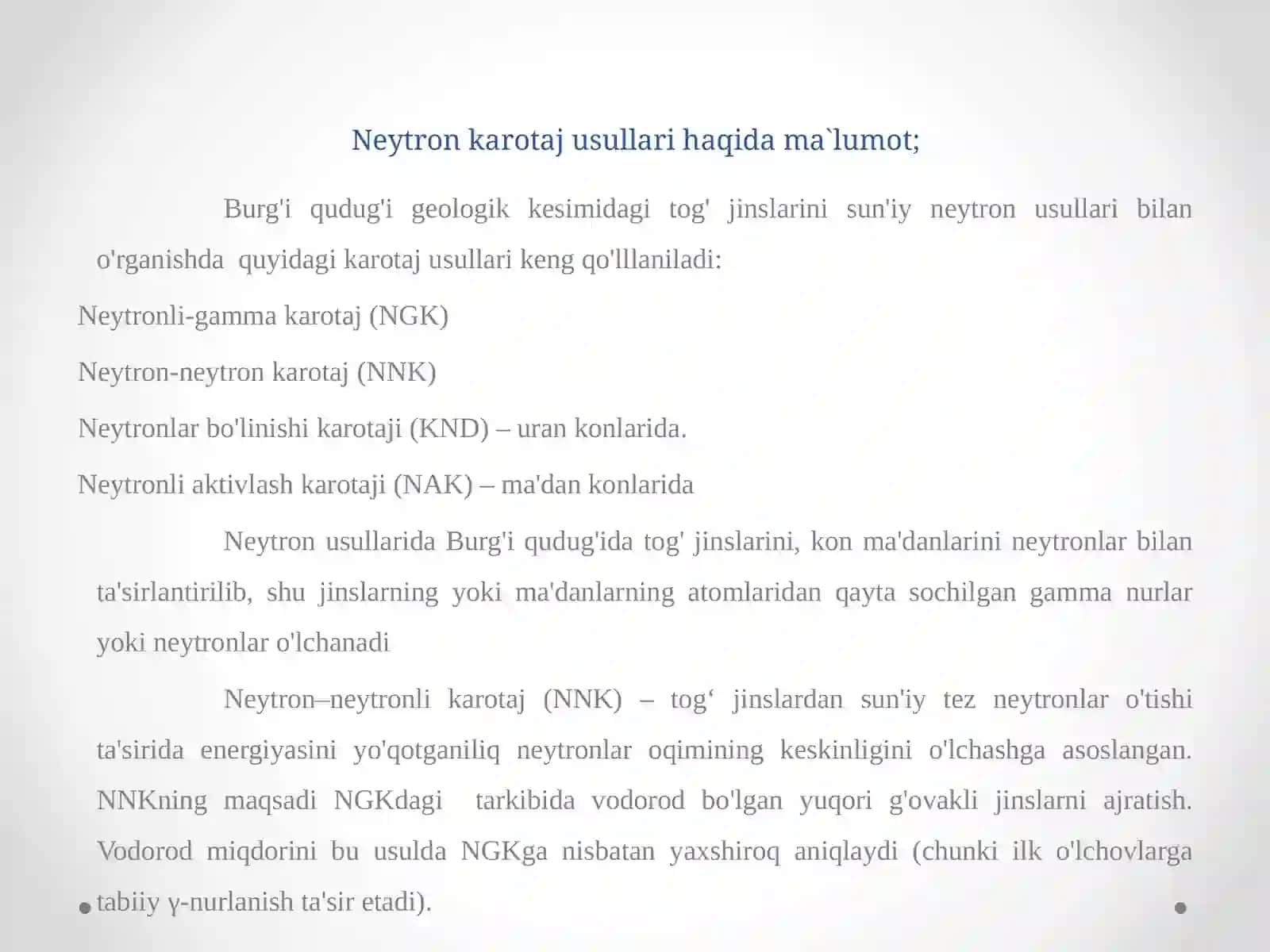 Statsionar neytron manbalaridan foydalangan holda neytron karotaj usullari 4
