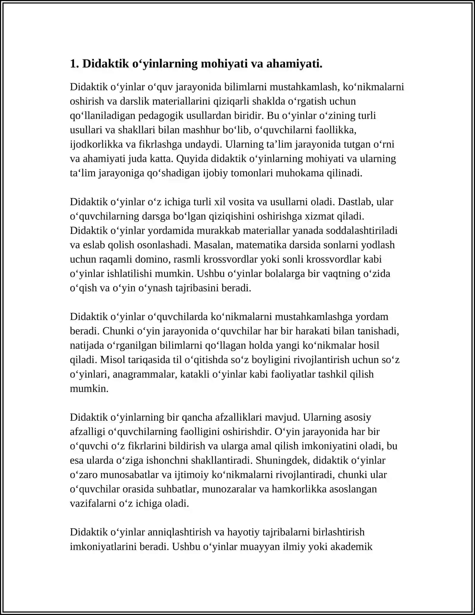 SINFDAN TASHQARI MASHGʻULOTLARDA DIDAKTIK OʻYINLARNING AHAMIYATI, MAZMUNI ULARDAN FOYDALANISH (3-SINF MISOLIDA) 4