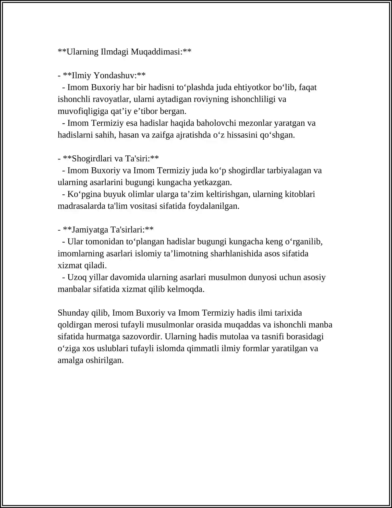 IMOM BUXORIY VA IMOM TERMIZIYNING HADIS ILMIGA QOʻSHGAN HISSALARINI QIYOSIY TAHLILI 4