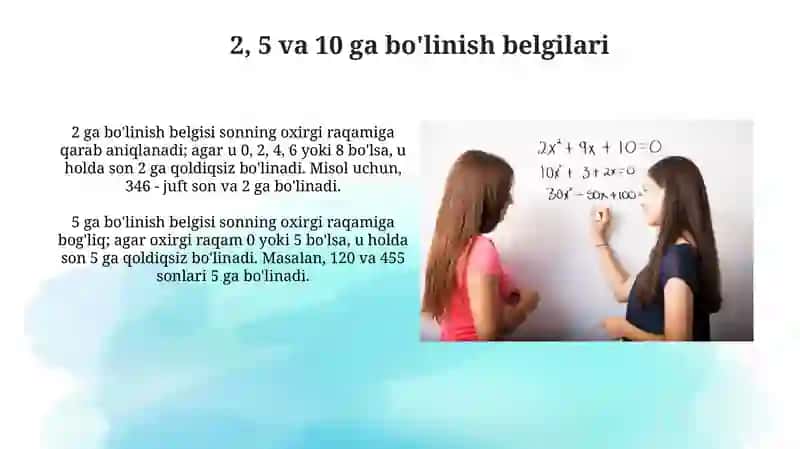 Boʻlinish belgilari va qoldiqli boʻlish (5-sinflar uchun) 4