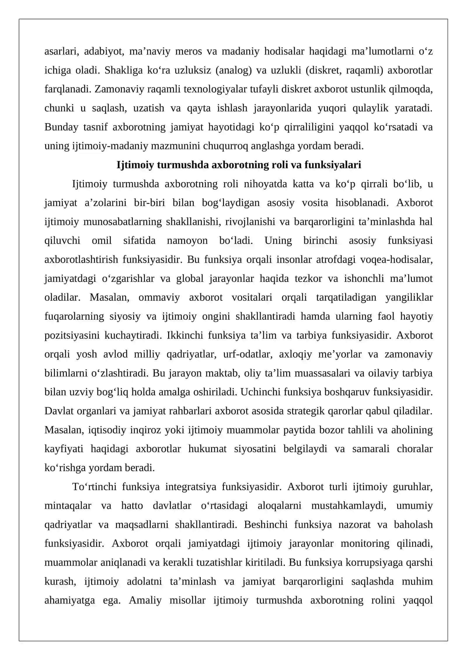 Axborot turlari: ijtimoiy va madaniy turmush, jamiyat siyosiy va iqtisodiy qarashlar bilan uzviyligi. San’at, sport va ma’naviy hayot 4