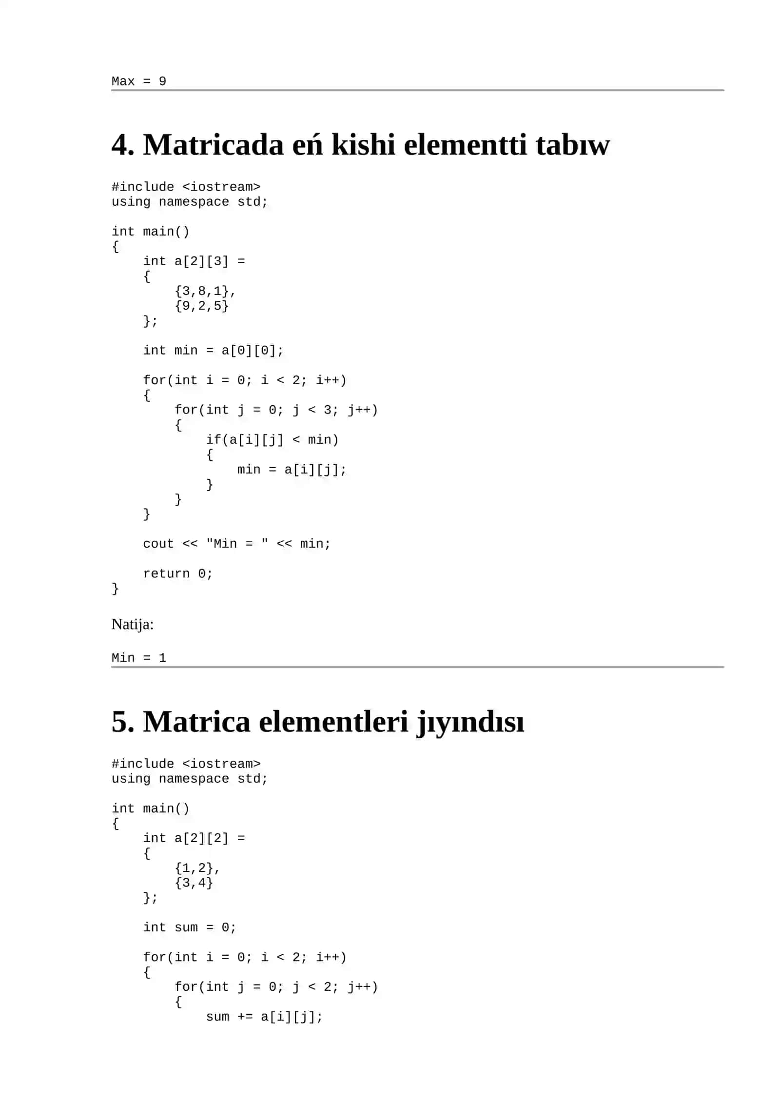 C++ tilinde matrica elementlerin analizlew (Bubble Sort h.t.b.) 4