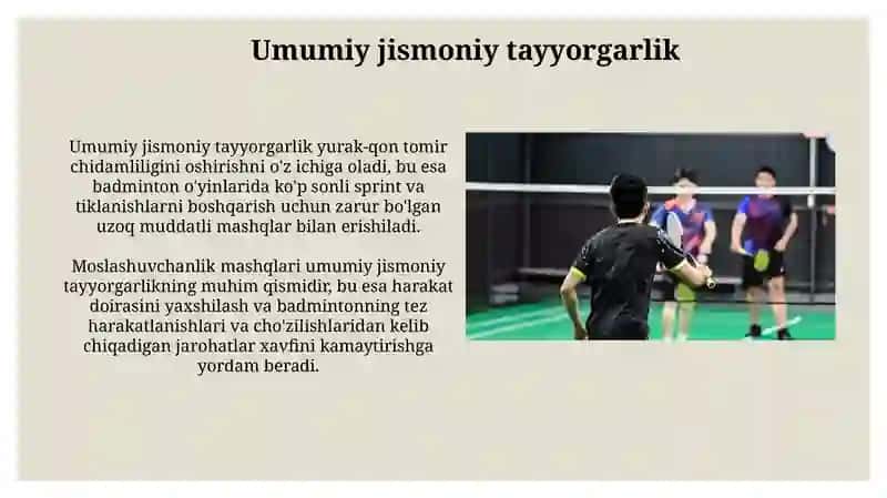 Badmintonda texnik tayorgarlik va umumumrivojlantirish 4