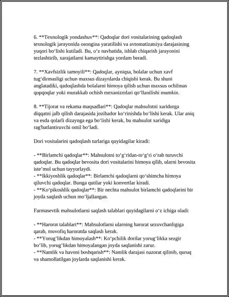 TIBBIYOT FARMASEVTIKA MAHSULOTINI QADOQLASH,DORI VOSITALARINI QADOQLASH TURLARI VA ULARNI SAQLASH TALABLARI 4