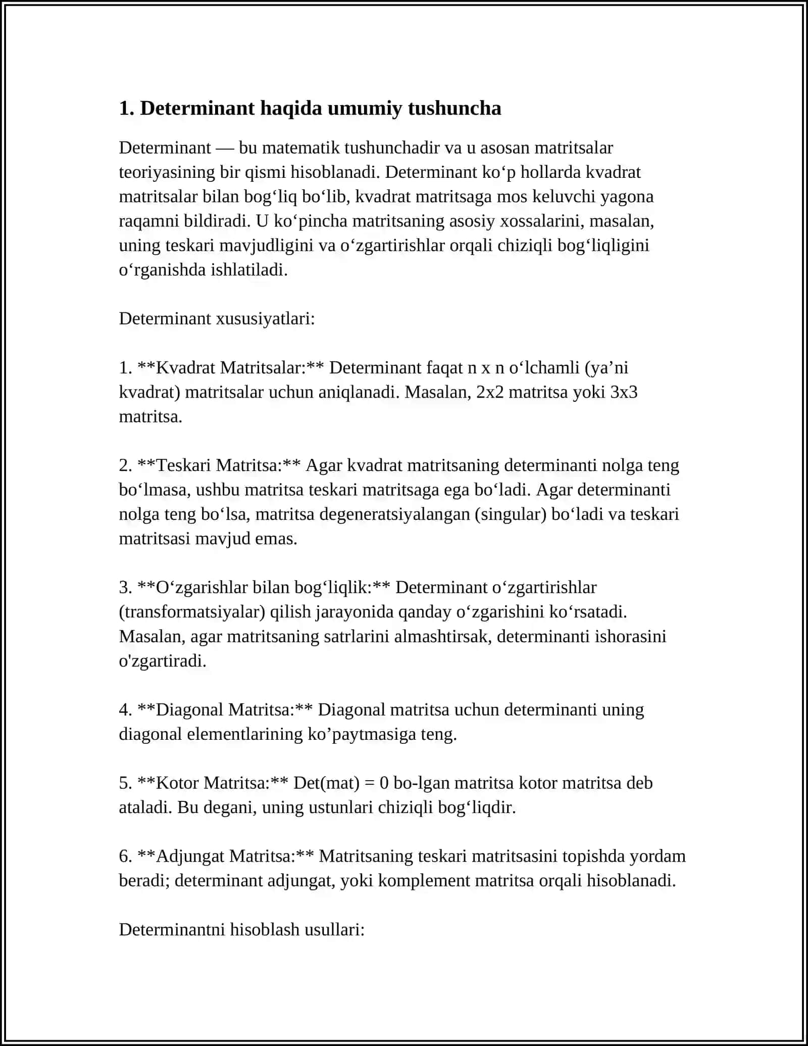 OʻRINLASHTIRISH VA OʻRIN ALMASHTIRISHLAR KICHIK TARTIBLI DETERMINANTLAR N- TARTIBLI DETERMINANT VA ULARNING XOSSALARI 4