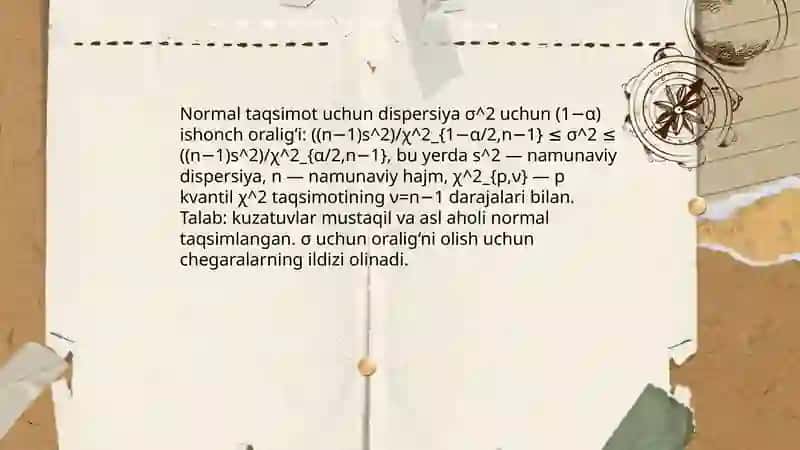 Muhim taqsimotlar parametrlari uchun interval baholar tuzish. Kirit toʻplamlar tuzish. Vilkson-Mann-Uitni kriteriysi va uni qoʻllash 4