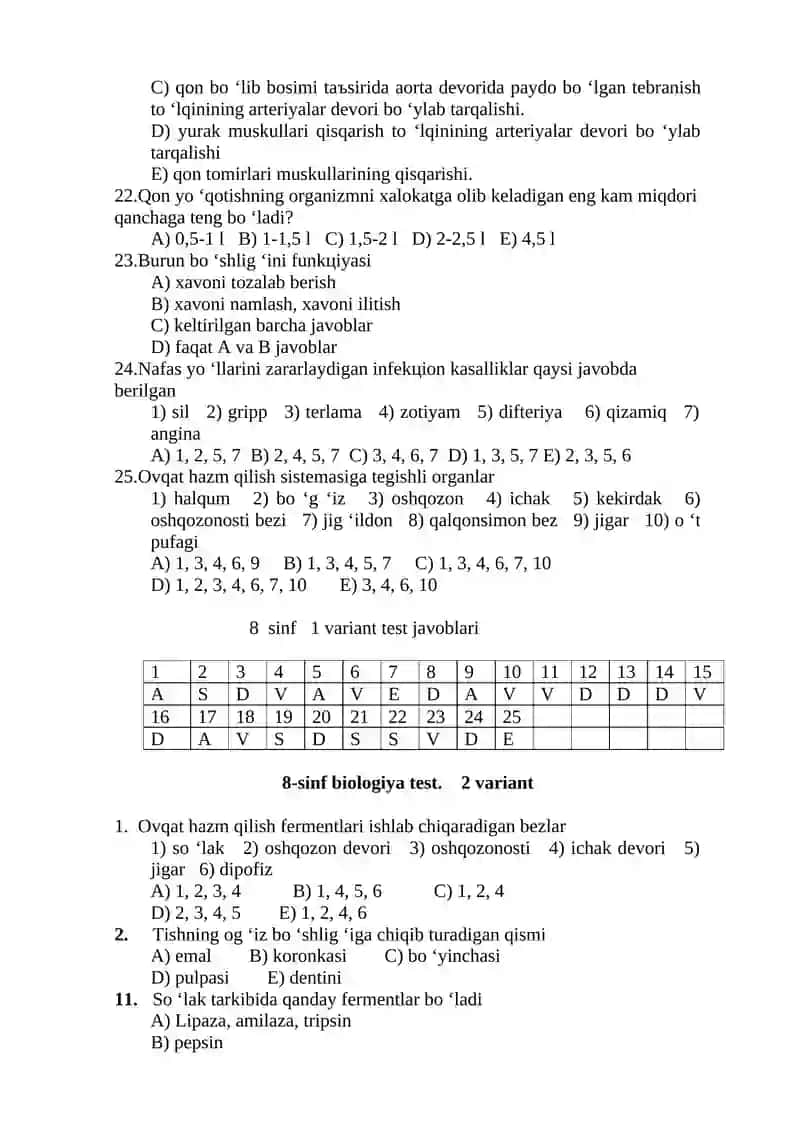 8-sinf biologiya test. 1 variant 4