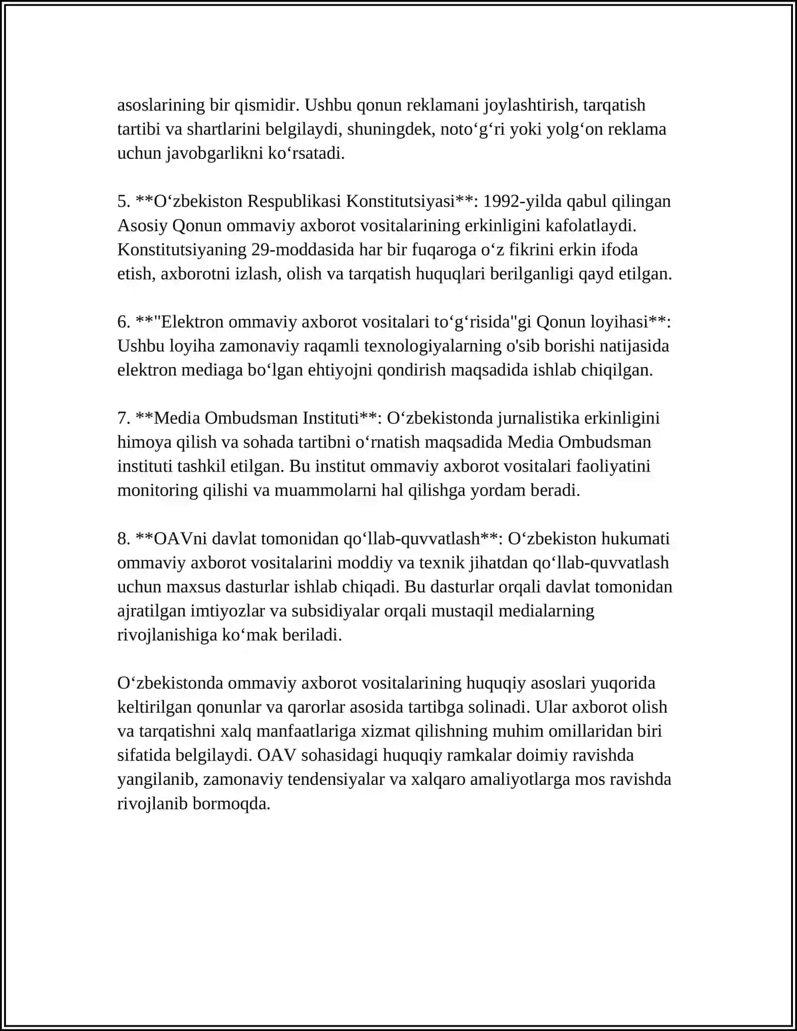 OʻZBEKISTON RESPUBLIKASI OMMAVIY AXBOROT VOSITALARINING FAOLIYATI 4