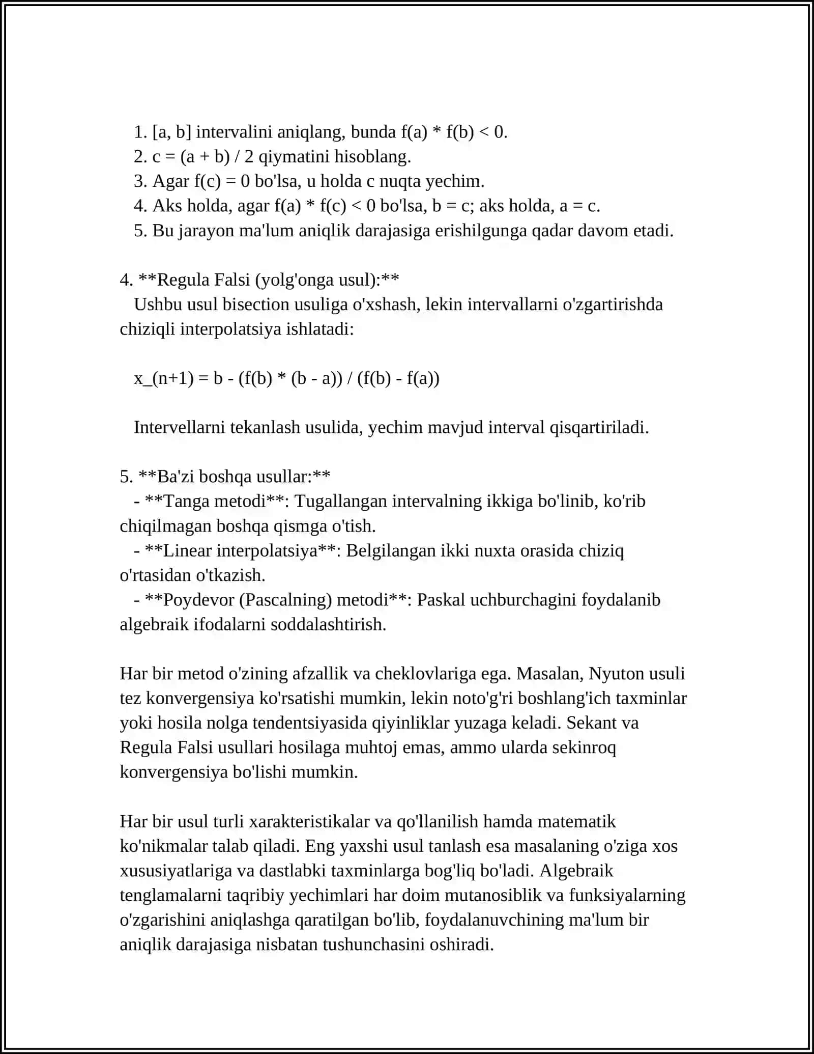 M20 ALGEBRAIK VA TRANSENDENT TENGLAMALARNI TAQRIBIY YECHISHDA ORALIQNI TENG IKKIGA BO’LISH VA VATARLAR USULLARINI SAMARADORLIK BO’YICHA TAQQOSLASH 4